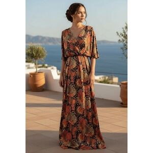 KOH KOH Size Large Dolman Sleeve Surplice Empire Waist Printed Maxi Dress NWT